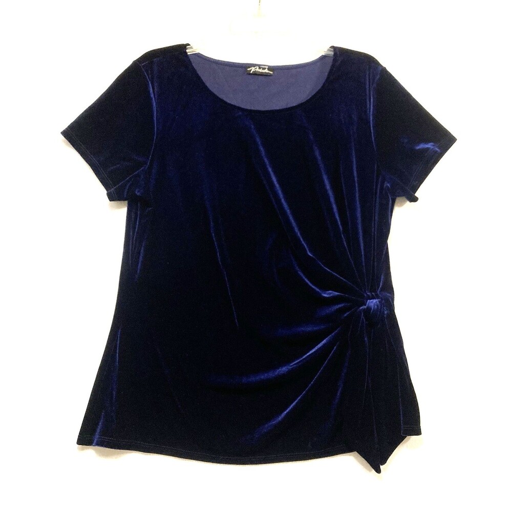 Vintage Prelude Womens Velvet Top L Blue Side Knot Detail Short Sleeve